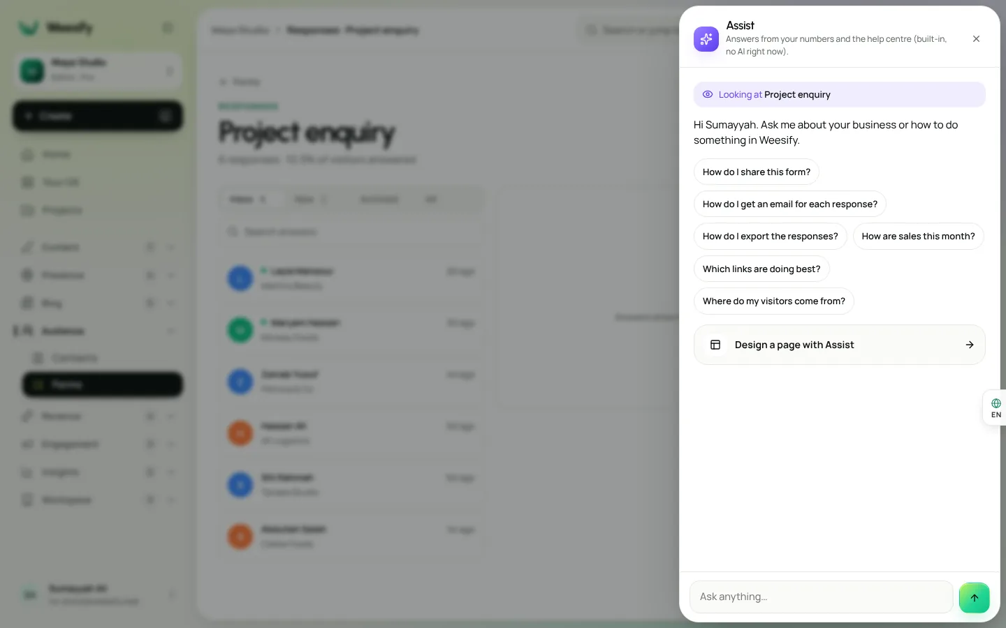 The Assist panel open beside a form, showing what it is looking at and suggested questions