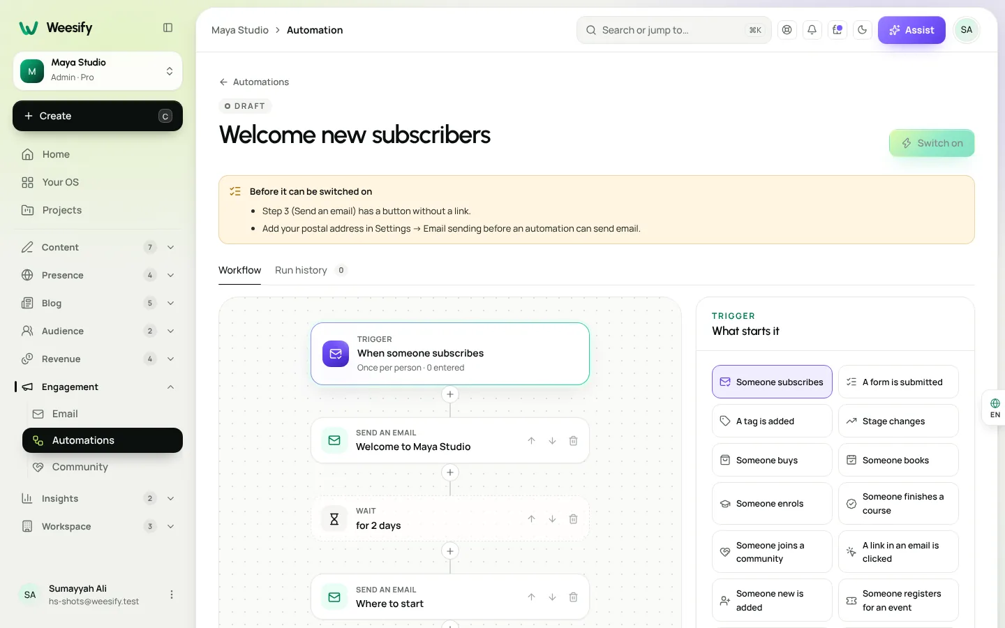 The Weesify automation builder showing a Someone subscribes trigger followed by email and wait steps