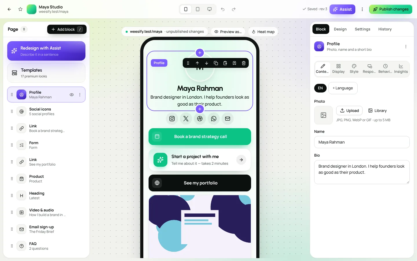 The Weesify bio page builder with the block list on one side and a live phone preview on the other