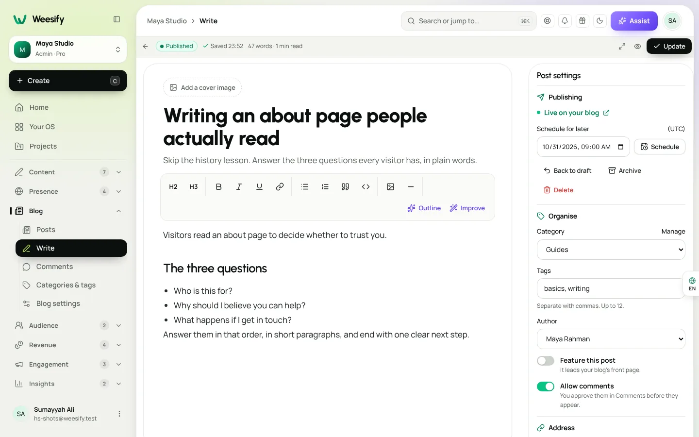 The Weesify blog editor, with the Search & sharing settings for a post