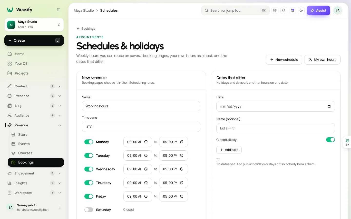 Booking availability settings in Weesify with weekly hours and days off