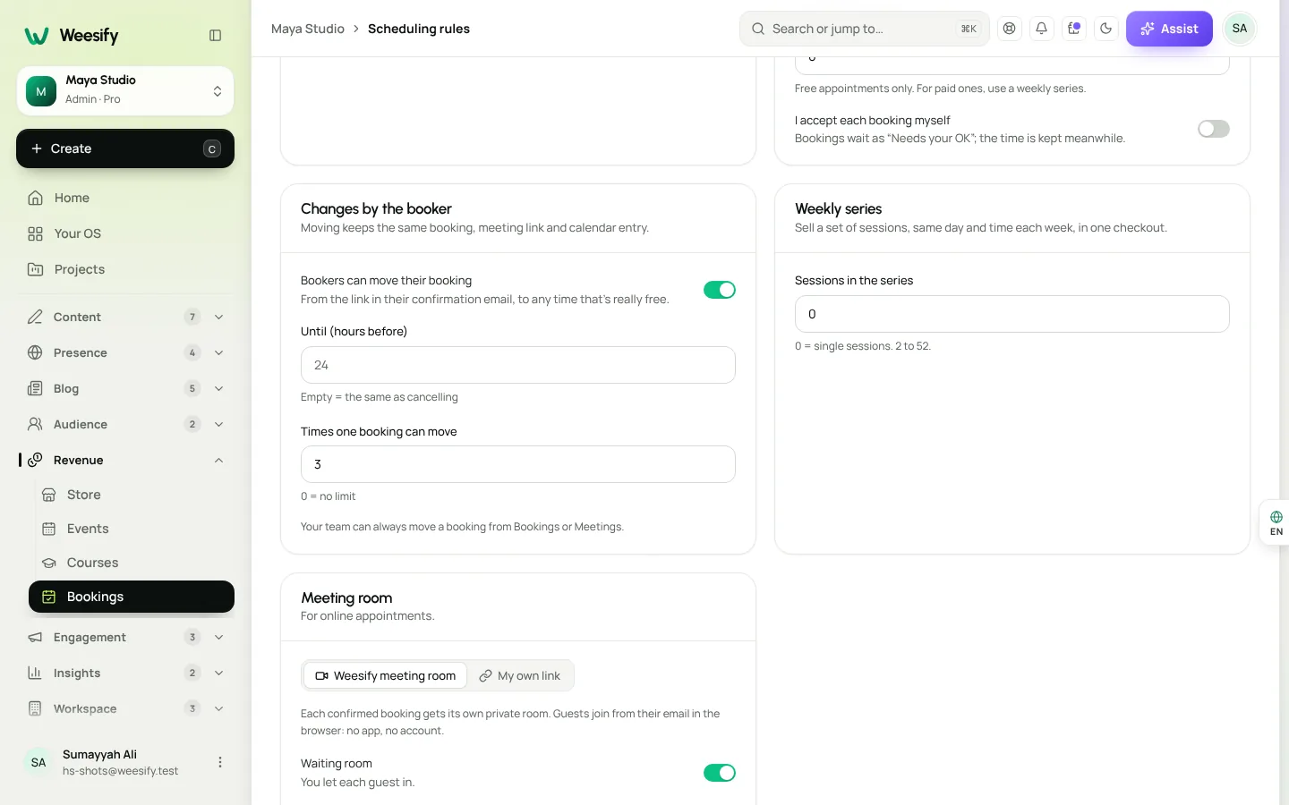 The Weekly series card in Weesify scheduling rules, with sessions in the series and the series price