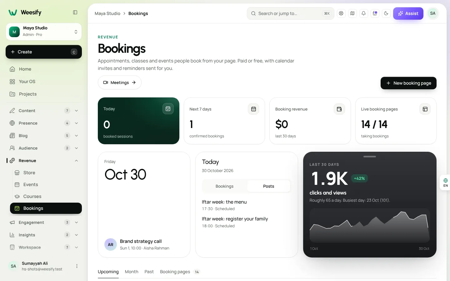 The Weesify Bookings dashboard with upcoming sessions grouped by day