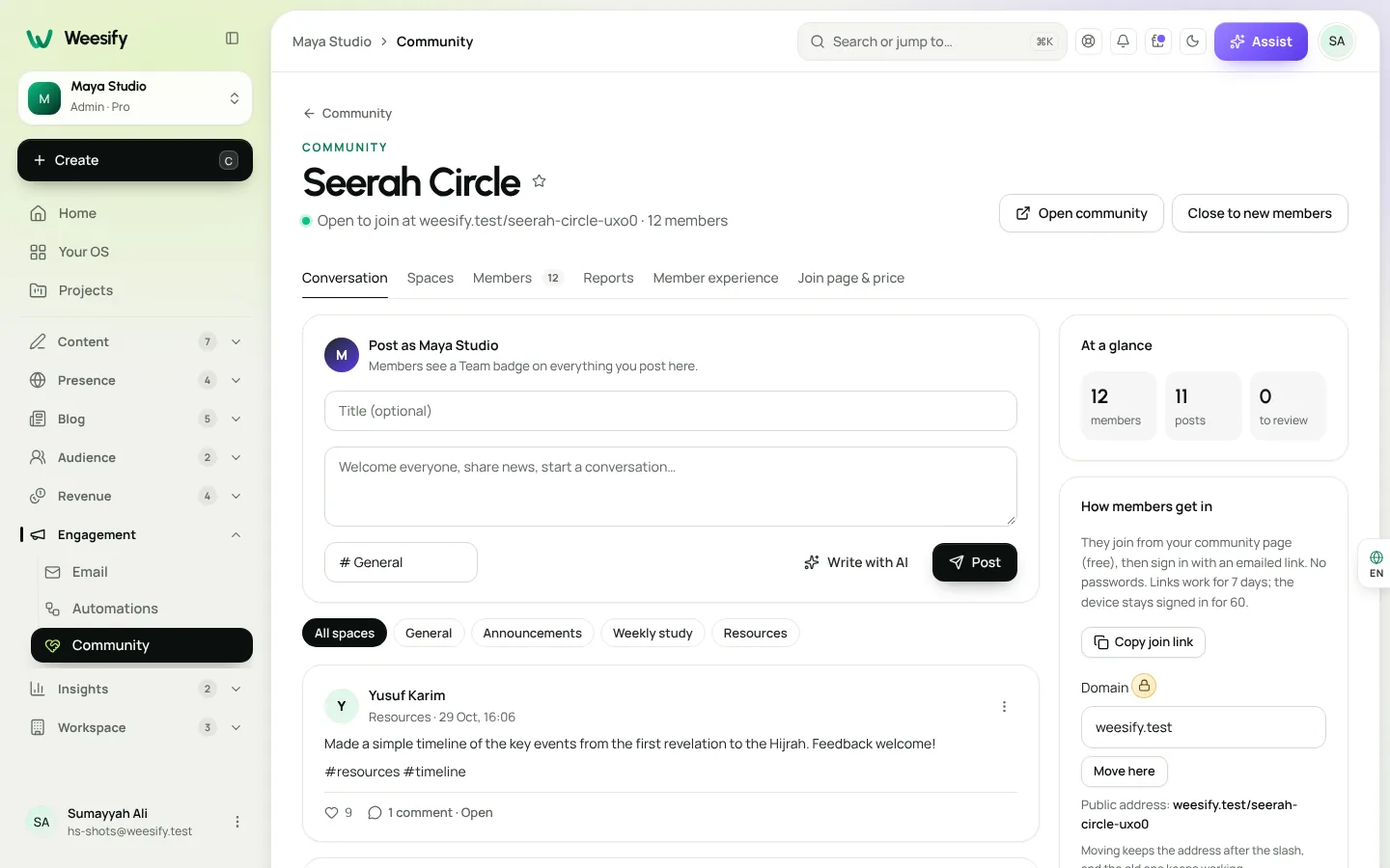 A community space in Weesify shown to members, with a composer, posts, reactions and comments