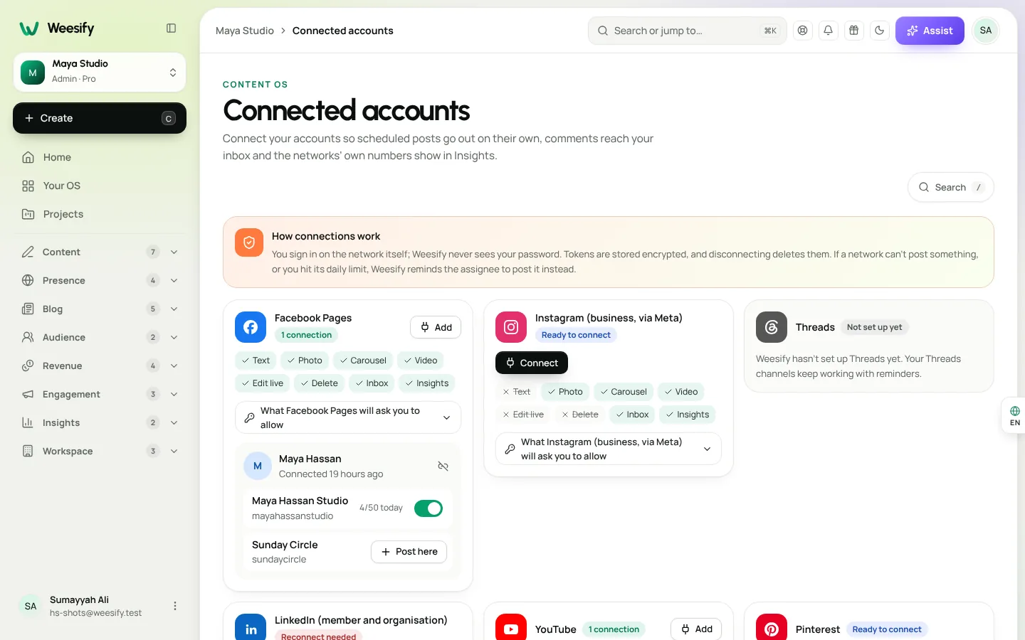 Connected social accounts in Weesify, each with its status and a Connect button