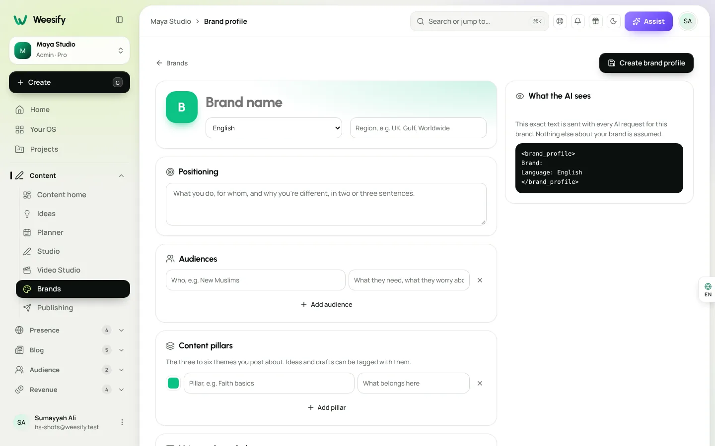 The brand profile editor with positioning, audiences, content pillars and voice settings