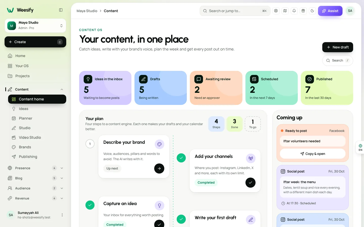 Content home in Weesify showing the Your plan checklist, At a glance counts and Coming up posts