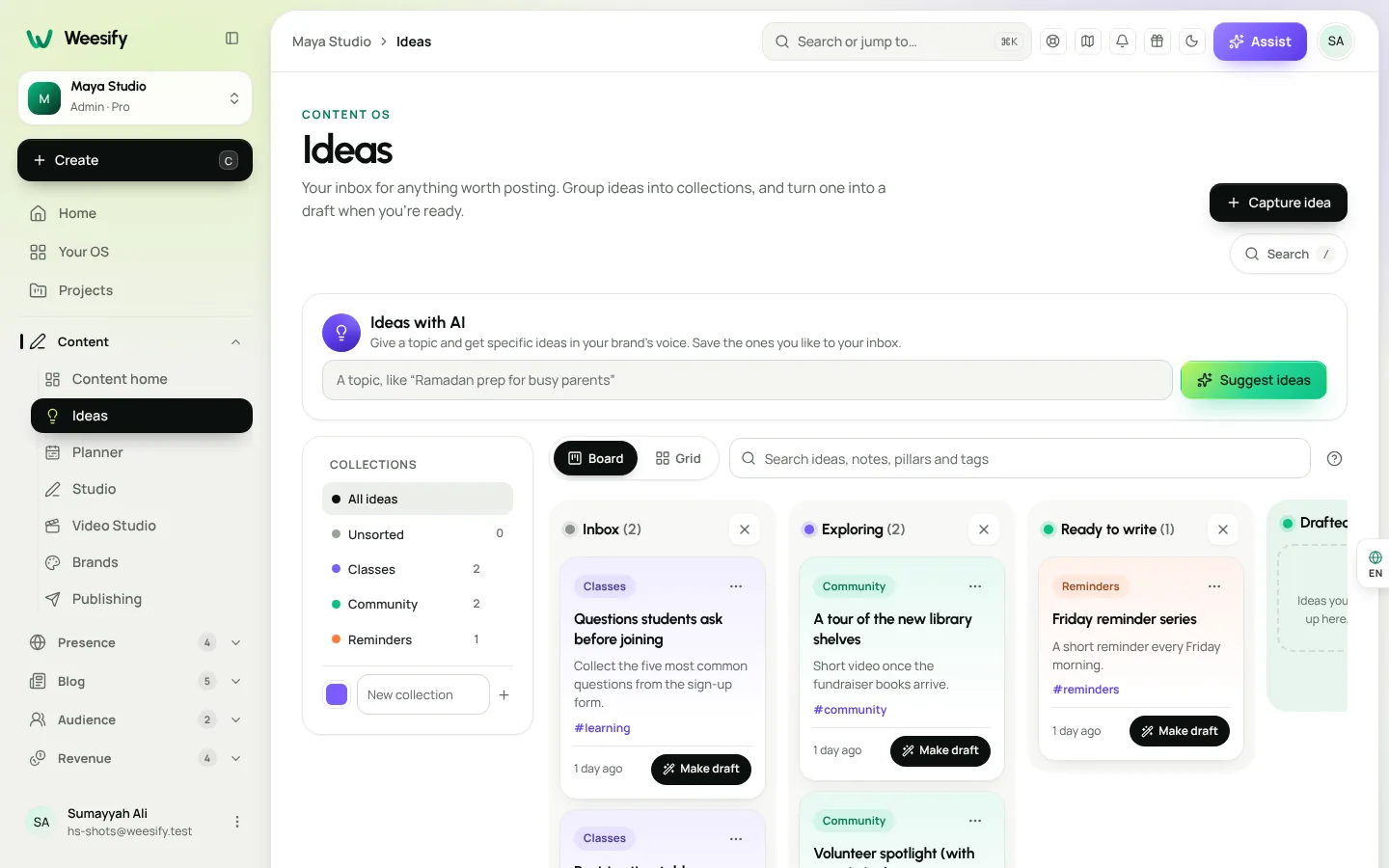 The Ideas board in Weesify's Content OS with Ramadan content ideas organised into a collection