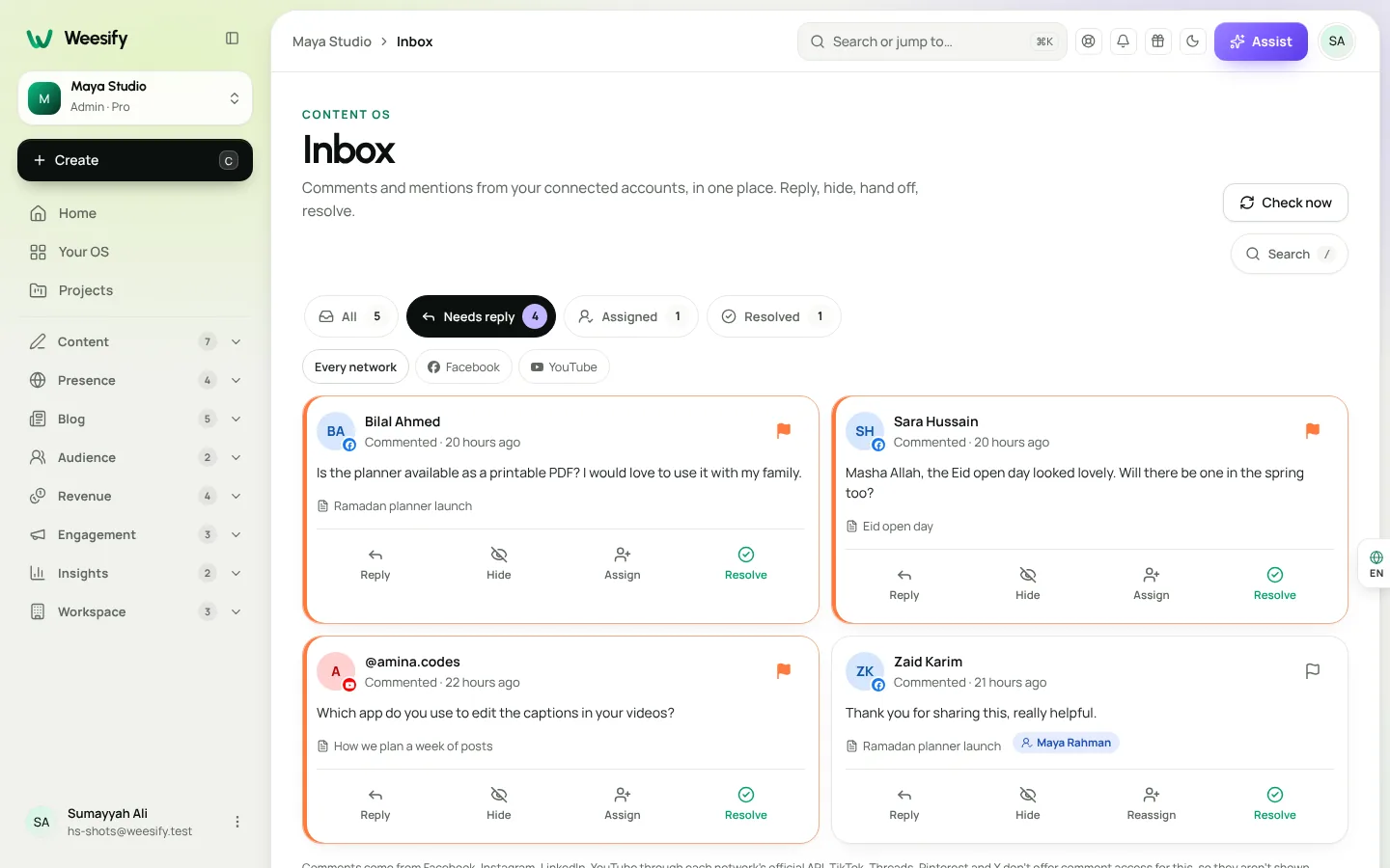 The Weesify social inbox with comments from connected accounts, tabs and the network filter