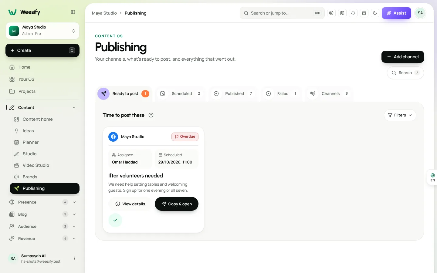 The Publishing screen with posts due now, scheduled posts and published posts