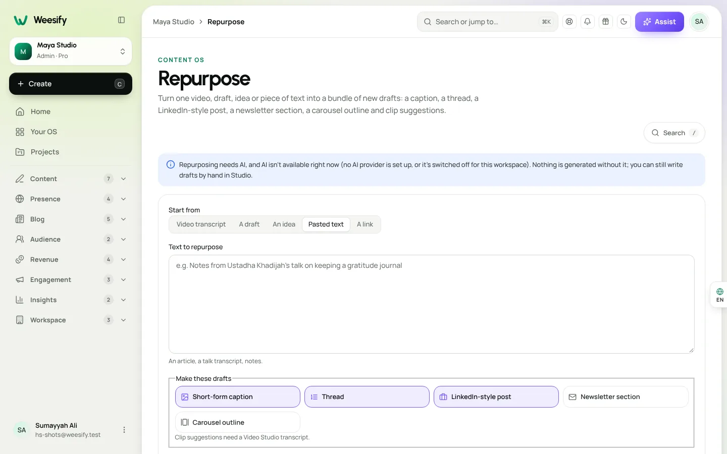 The Repurpose screen with Start from options, a brand choice and the Make these drafts button