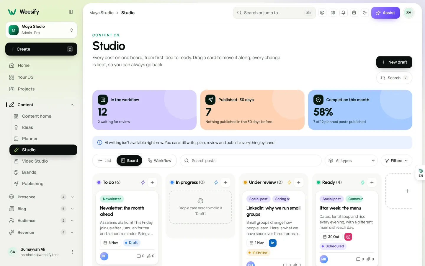 The Studio editor with a draft, AI writing tools and the live preview for each network
