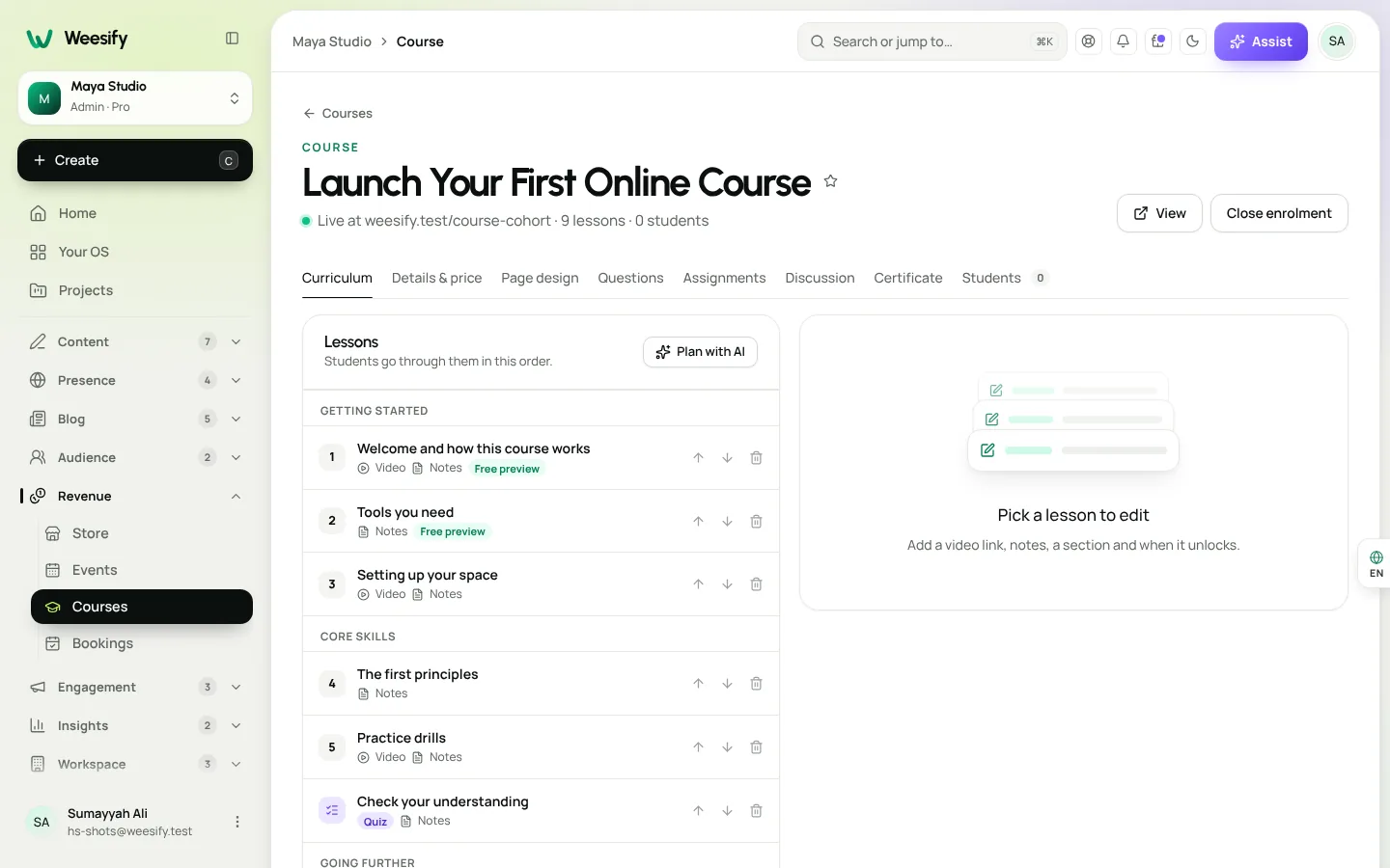 The course builder in Weesify, showing a curriculum of lessons with drip timing