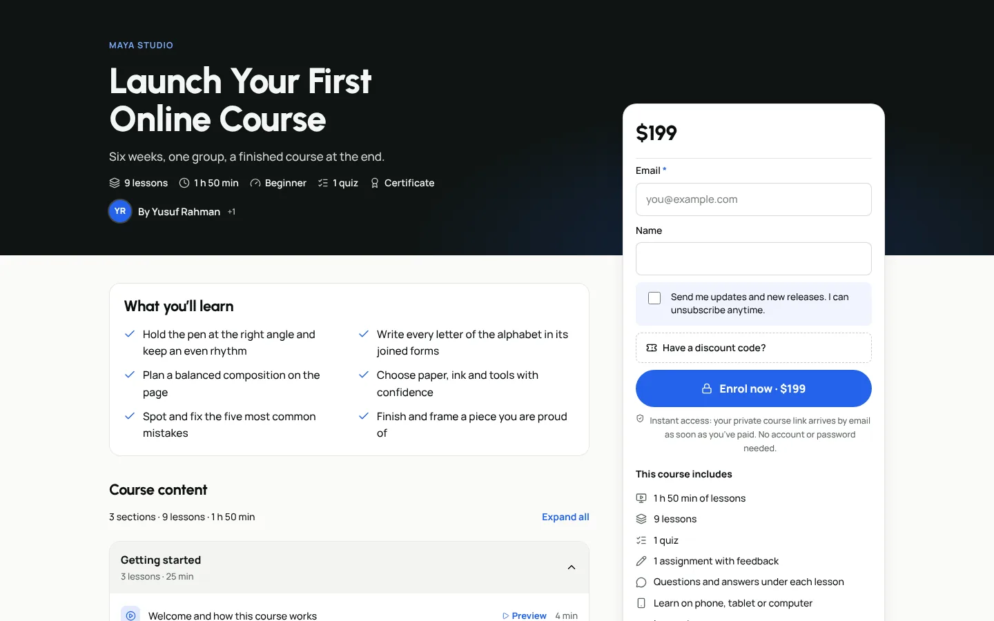A Weesify course as students see it, with lessons, progress and notes