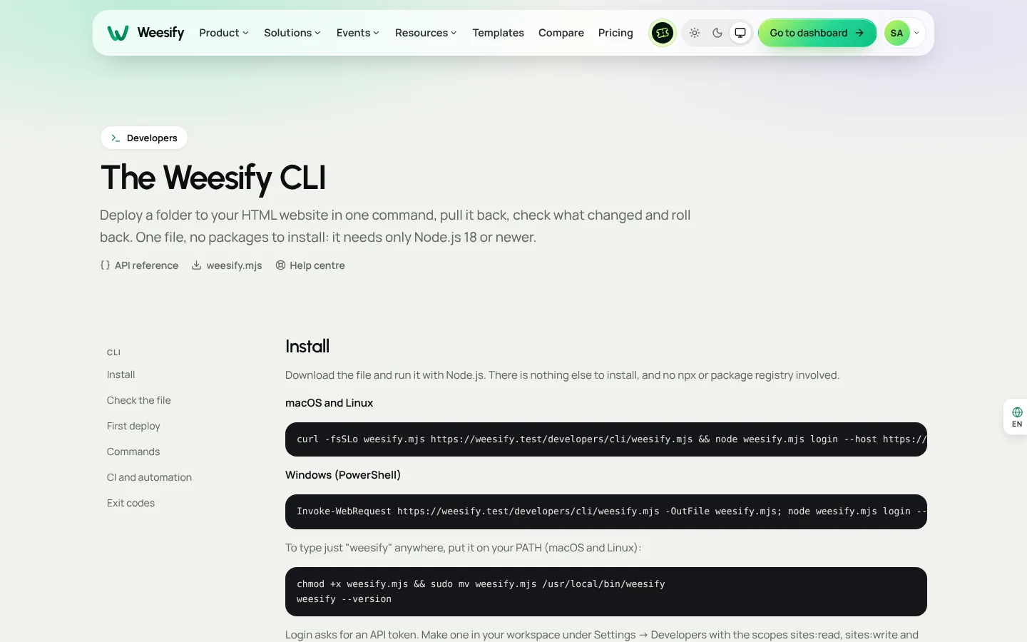 The Weesify CLI page with install commands and the file fingerprint