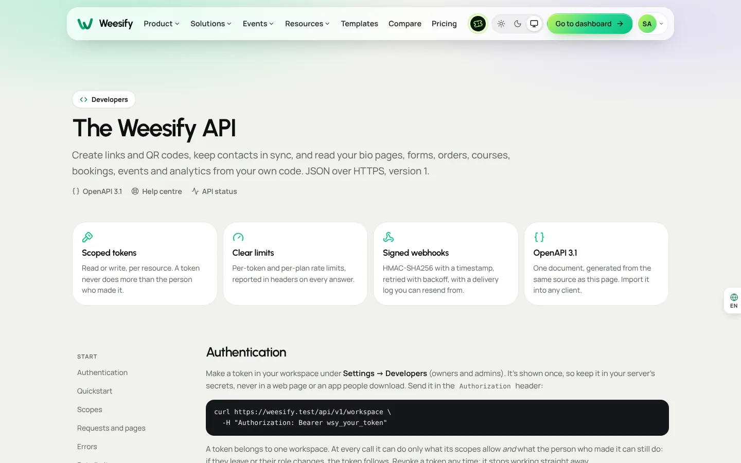 The public Weesify developers reference listing endpoints by area