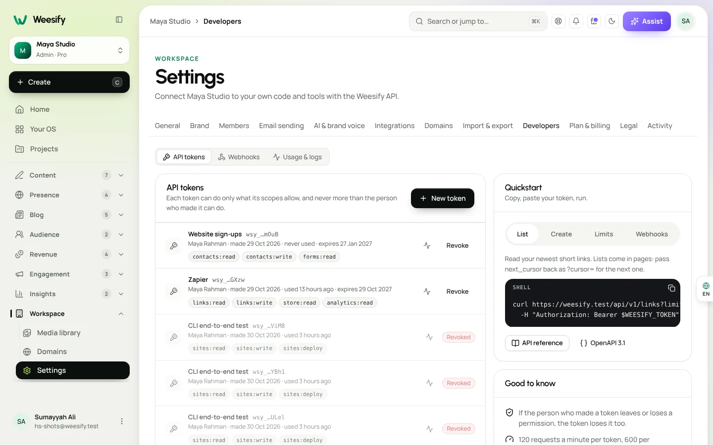 The Developers settings screen with API tokens and their scopes