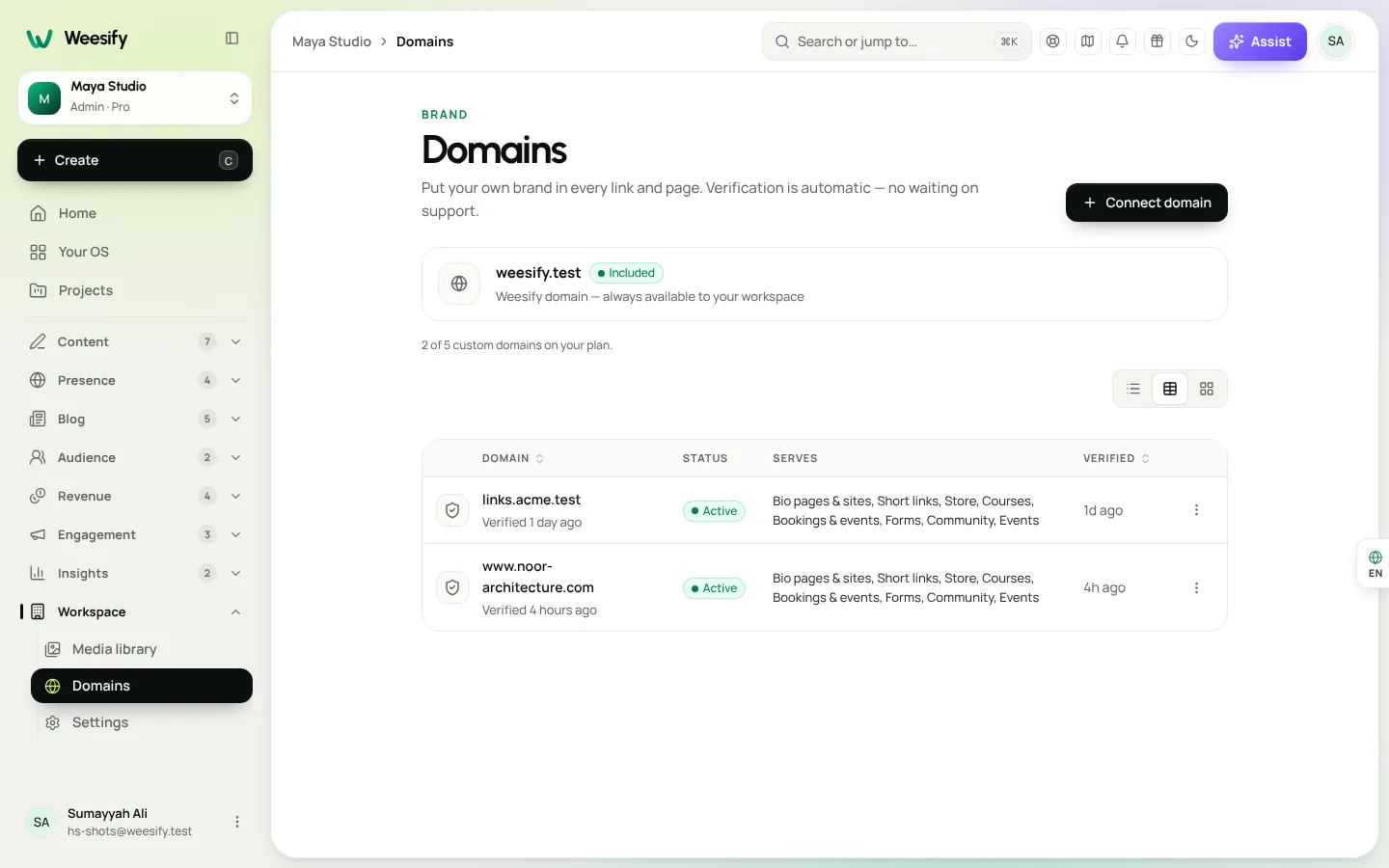 The Weesify Domains screen with a connected domain, what it serves and its status