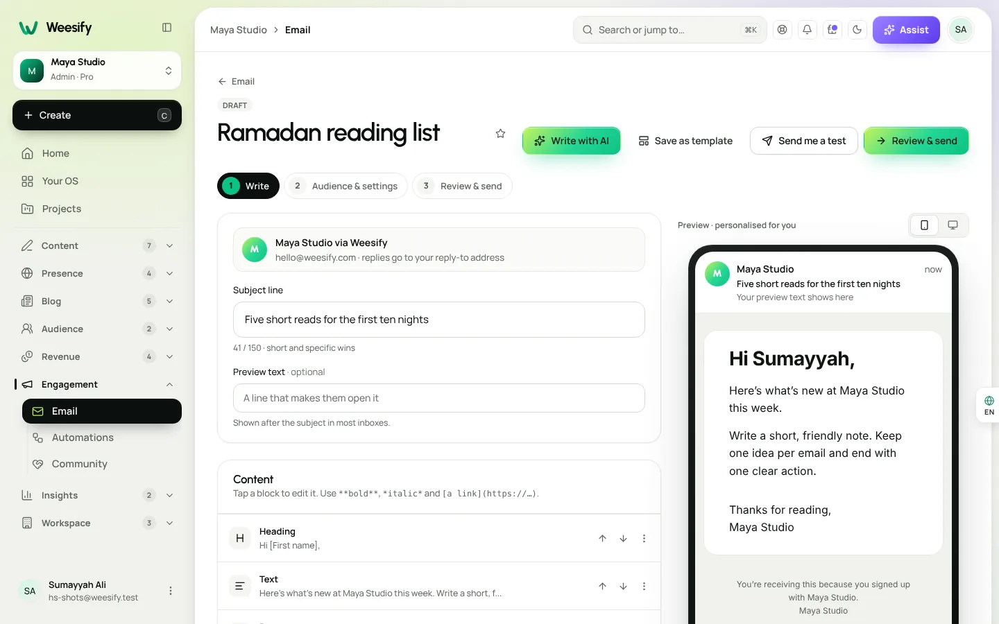 The Weesify email editor with content blocks on one side and a live phone preview of the newsletter on the other
