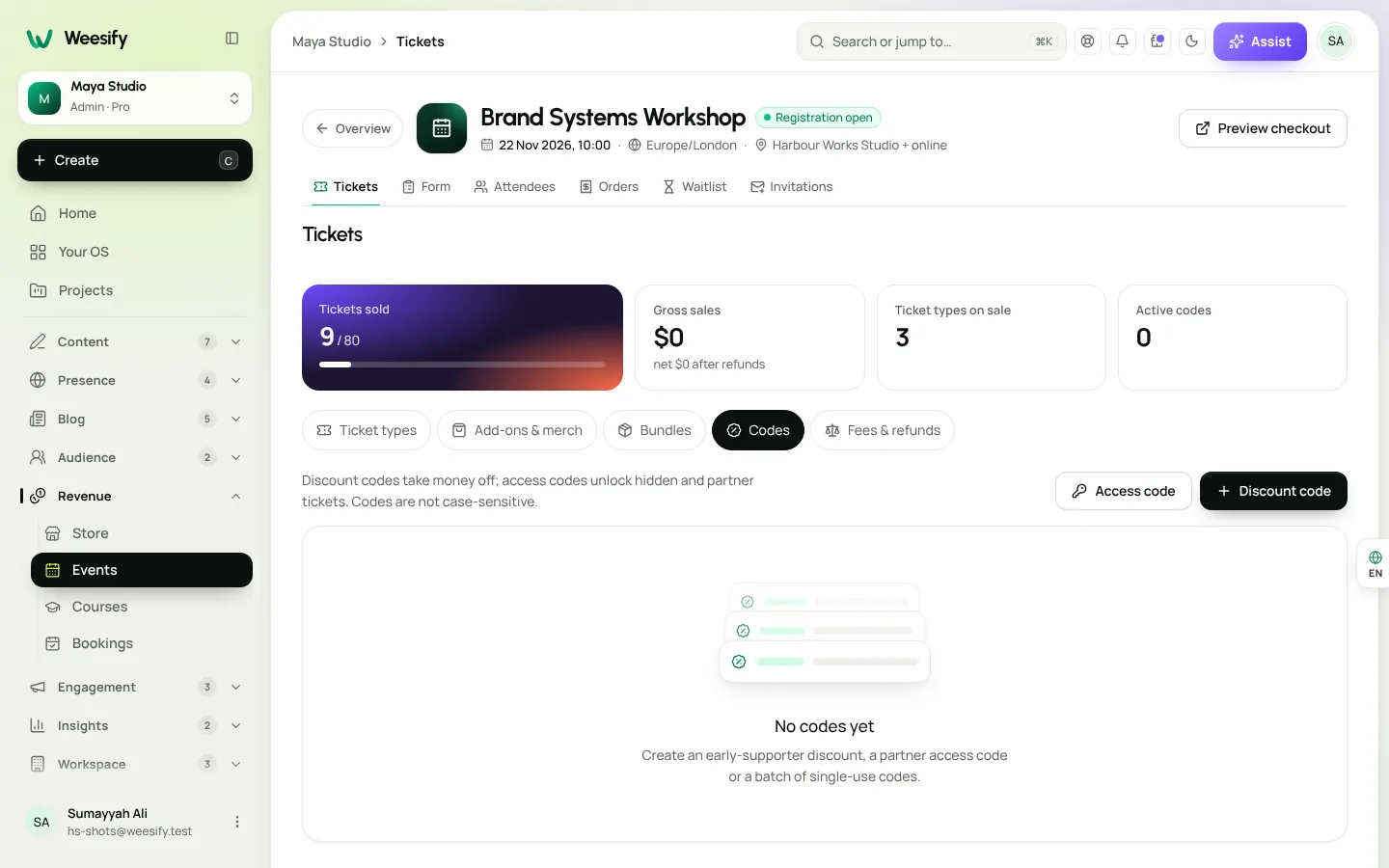 Event ticket codes in Weesify with discount codes and access codes