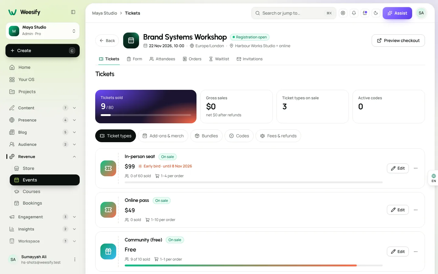 Weesify event ticket types with prices, quantities and sales status