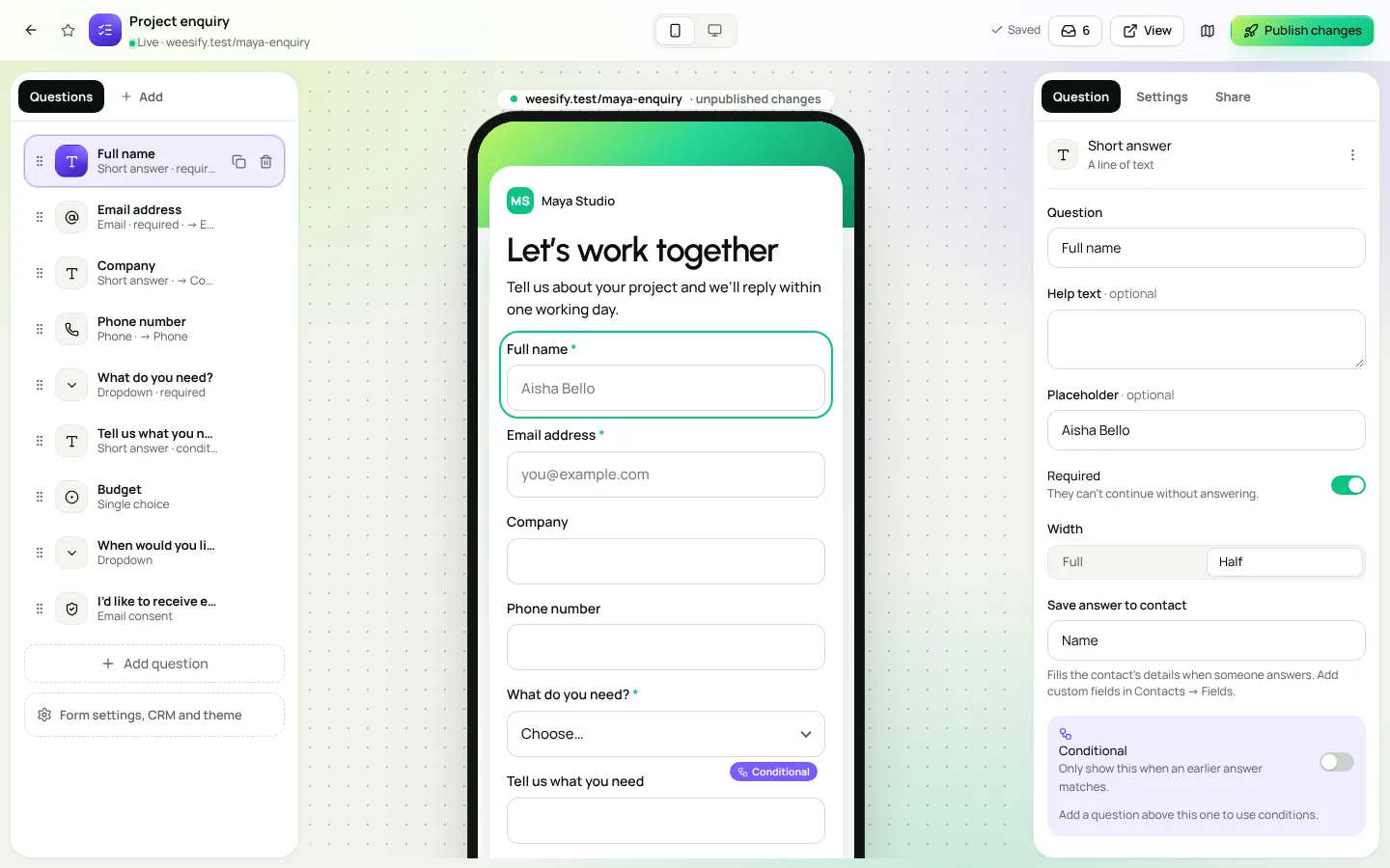 The Weesify form builder with questions on the left and a live phone preview on the right