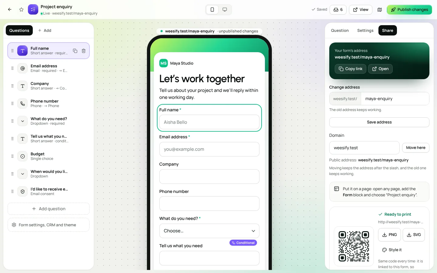 The QR code window for a form in Weesify, with a preview, PNG and SVG download buttons and a Style it link