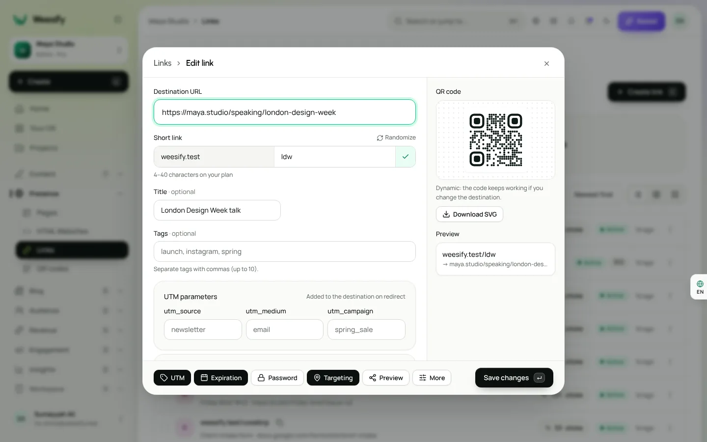 The short link editor with destination, UTM, schedule and targeting options
