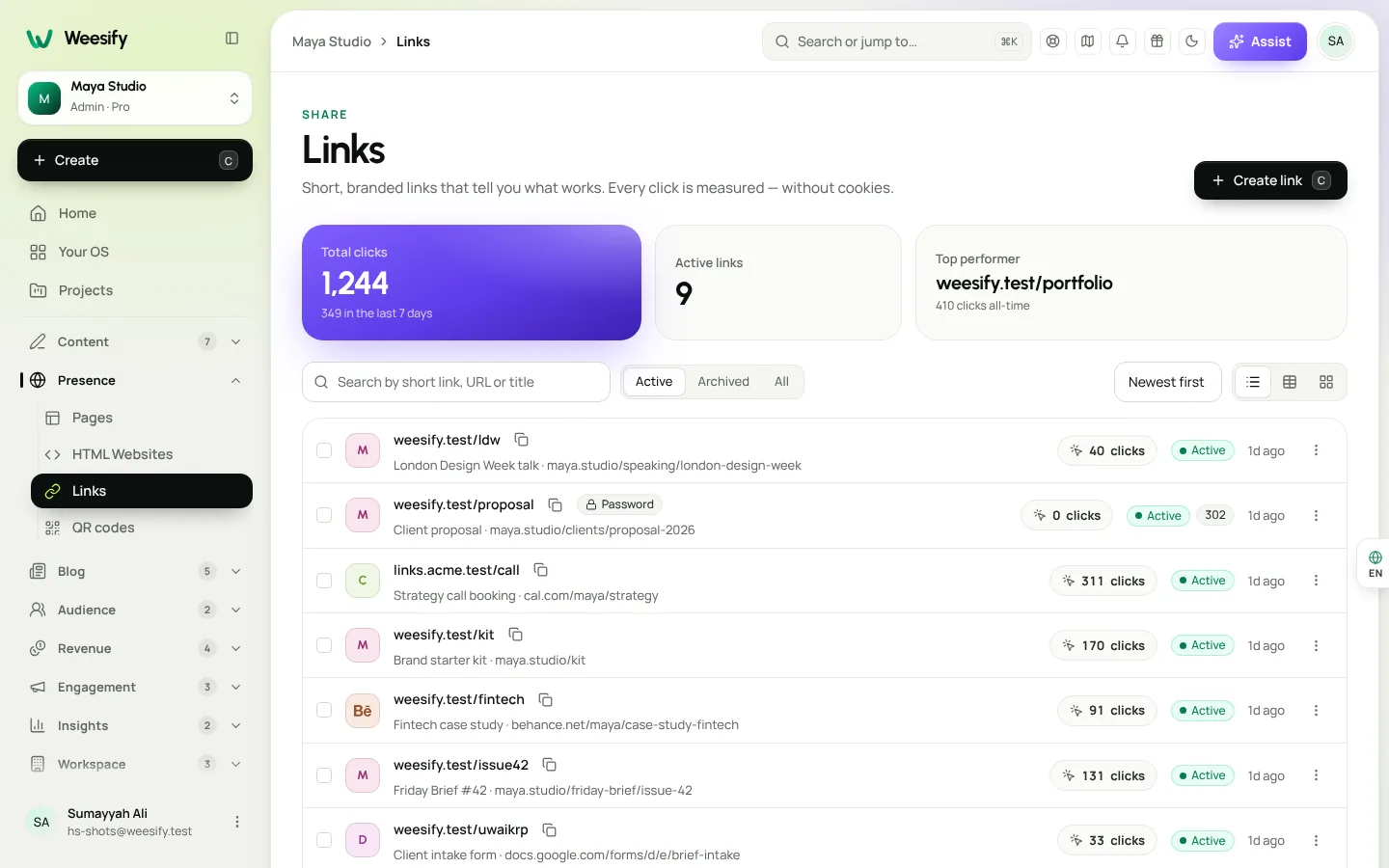 The links list using a branded custom domain for every short link