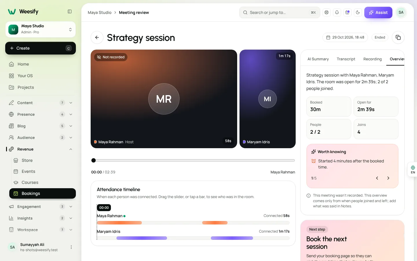 A Weesify meeting review page with the recording, transcript and AI summary tabs