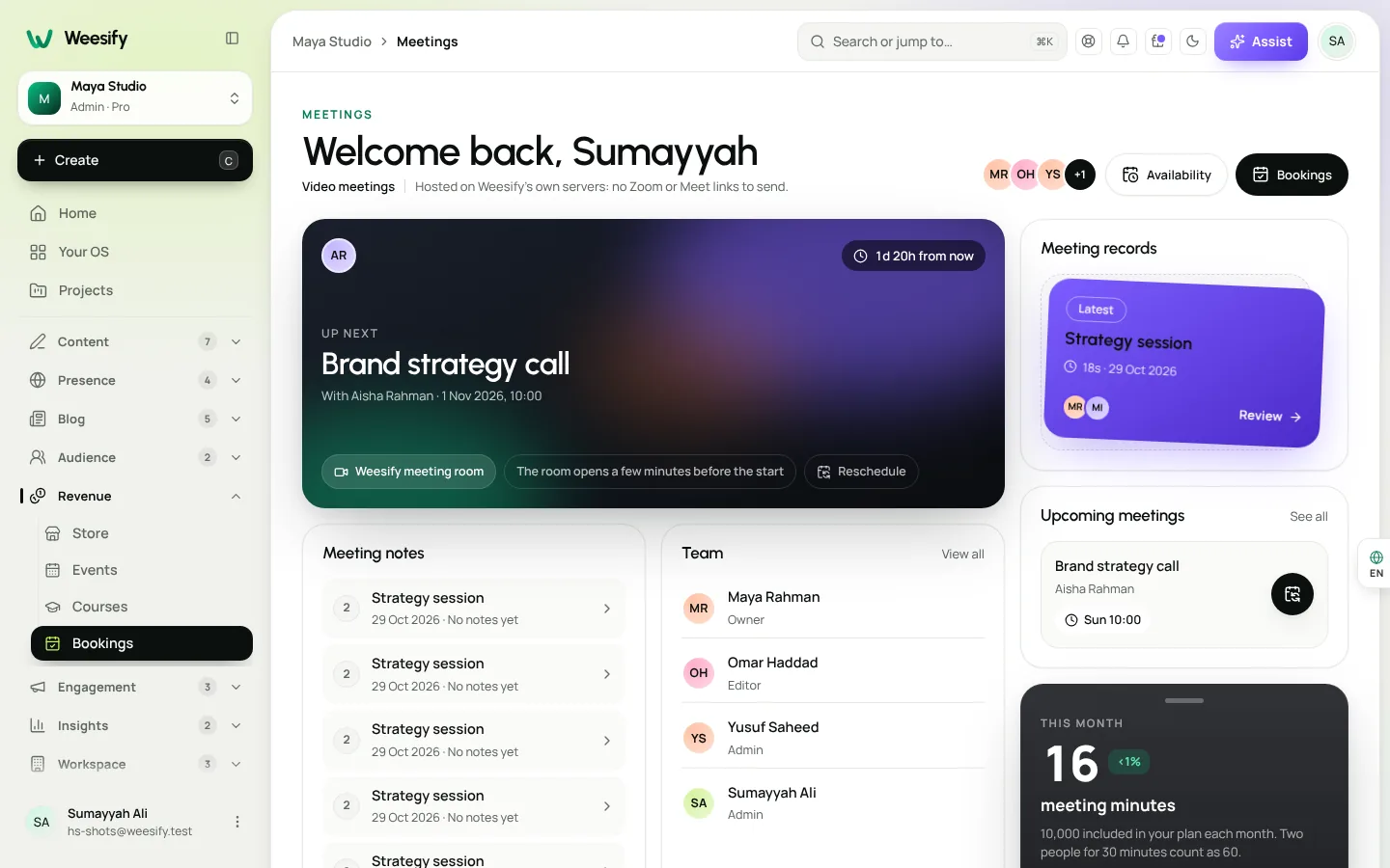 The Weesify Meetings home with video meeting settings and recordings storage