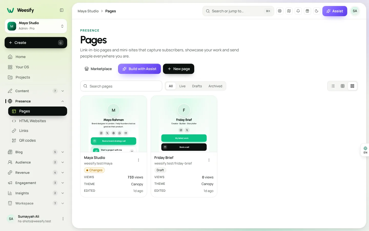 The Weesify pages list showing each bio page and its status
