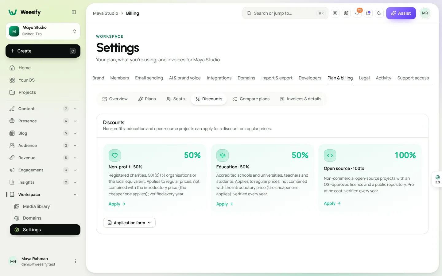The Discounts tab in Plan & billing with the non-profit, education and open source programmes