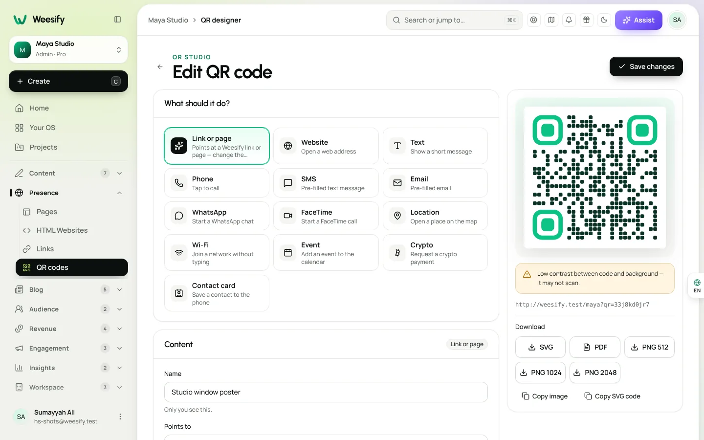 The Weesify QR code studio with design options and a live preview