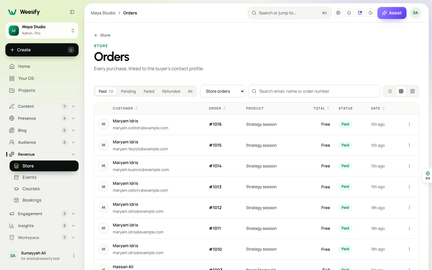 Store orders in Weesify with search, status filters and order details