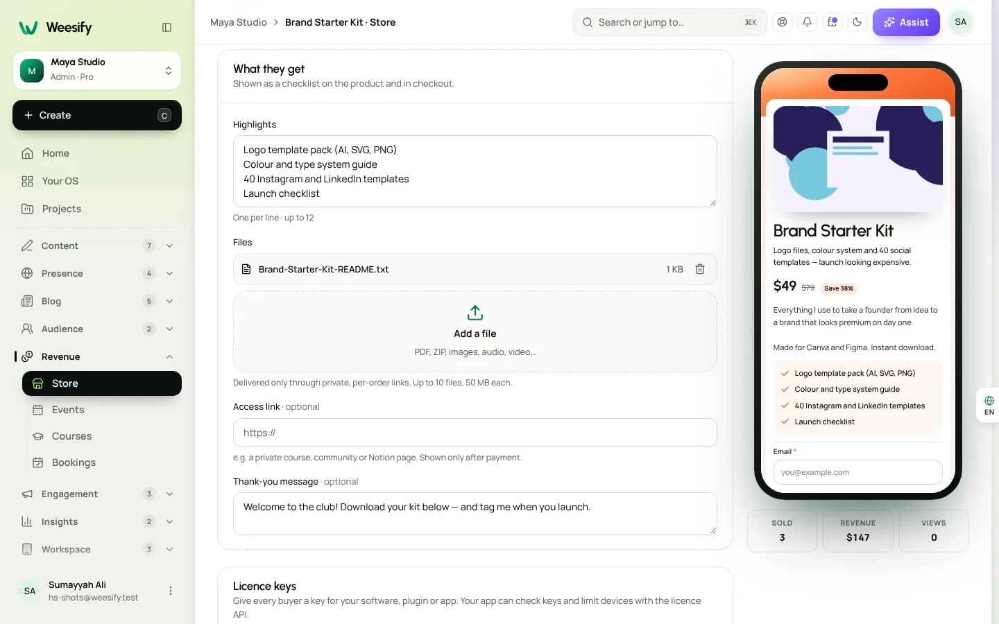 A digital product in the Weesify product editor with files under What they get and pricing options
