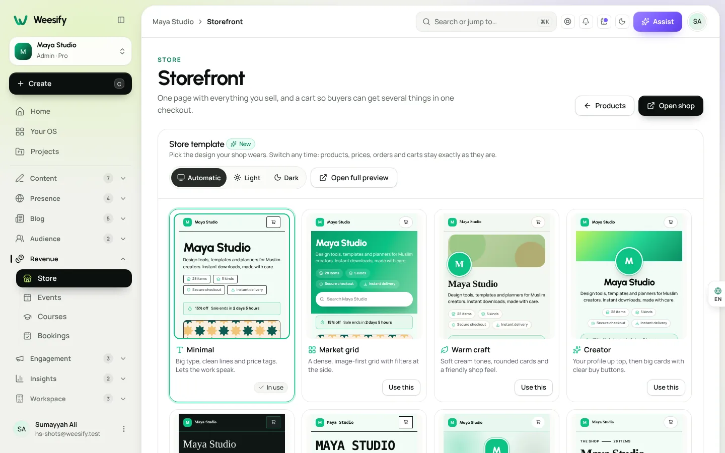 The Weesify storefront template picker with a live preview of the shop