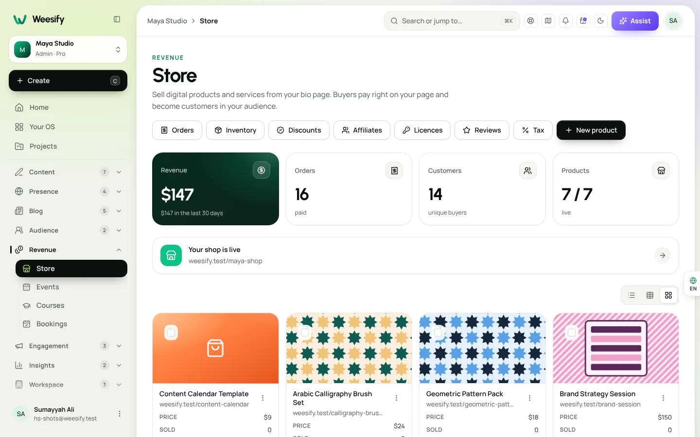 The Weesify Store dashboard listing live products with prices, sales and quick actions