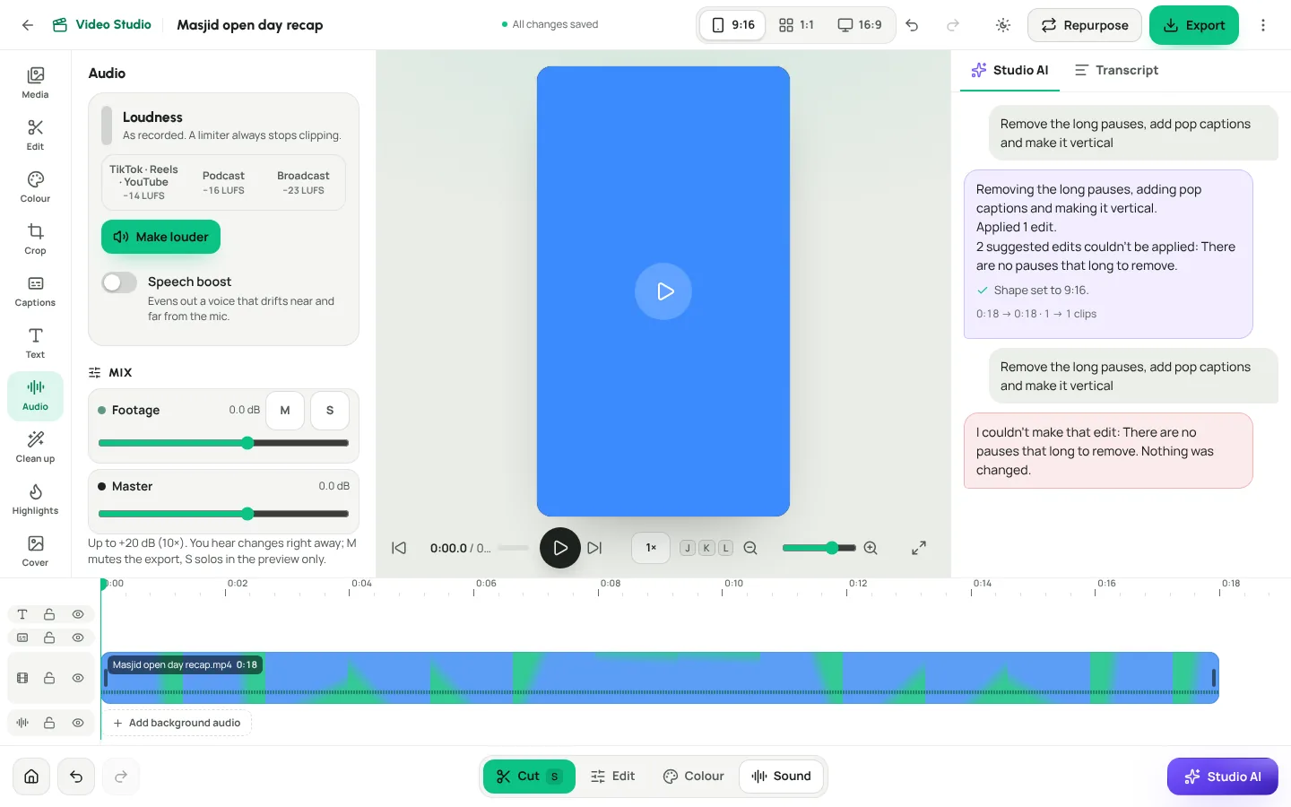 The Video Studio Audio panel with a loudness target, Make louder button and voice clean-up options