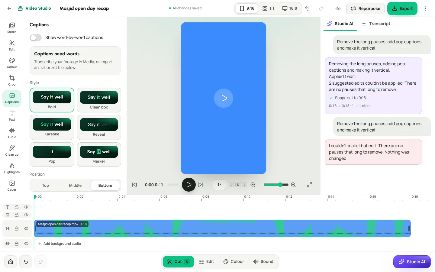 The Video Studio Captions panel with caption styles, position options and subtitle file import