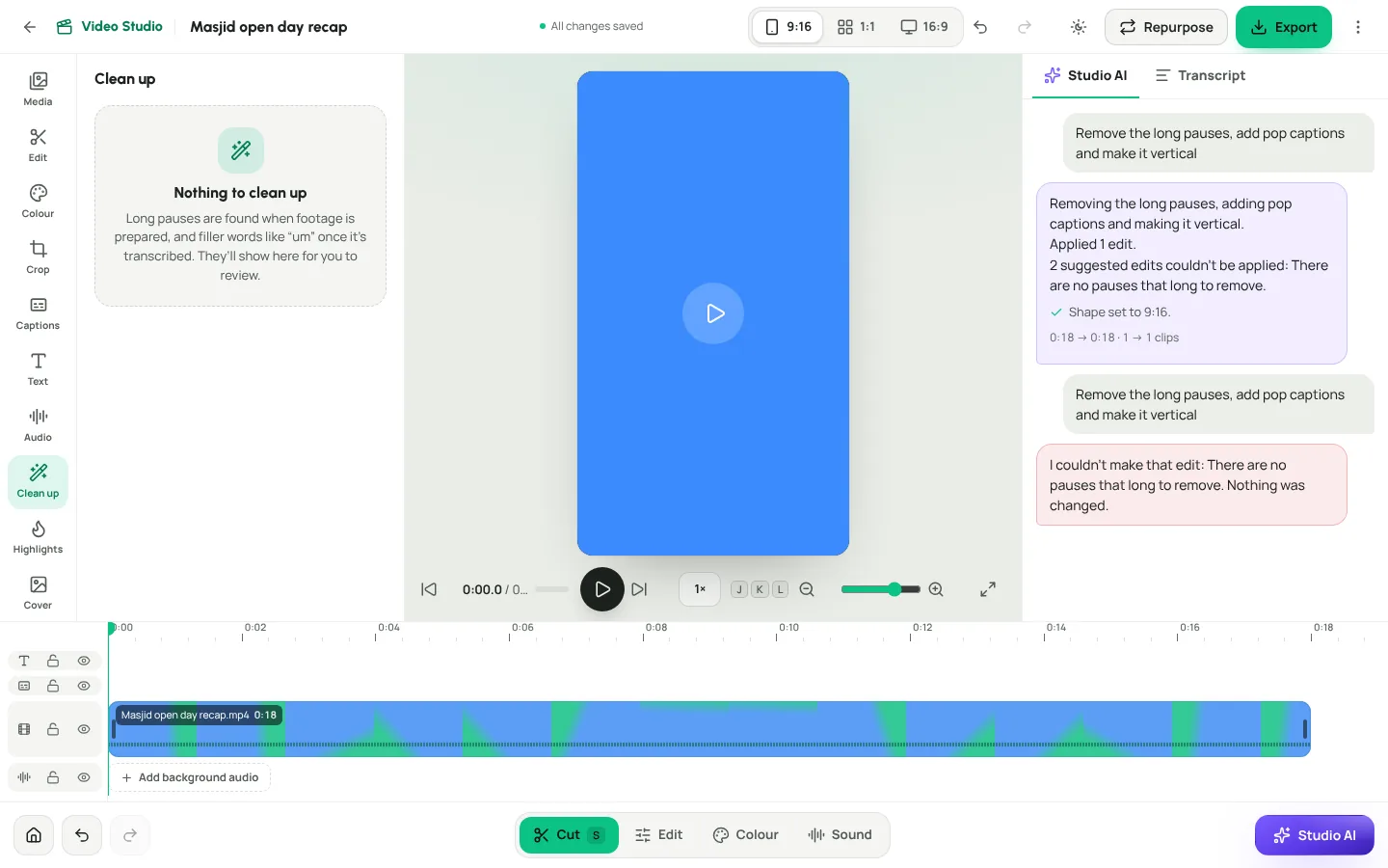 The Clean up tool in Video Studio listing long pauses and filler words with ticks and a Remove ticked button