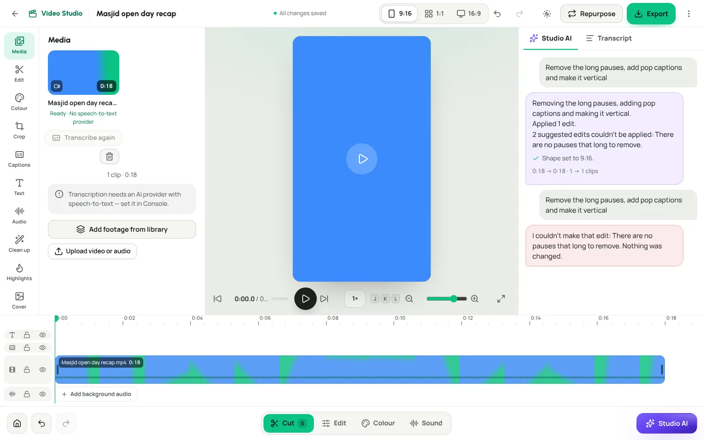 The Video Studio editor with a timeline and captions