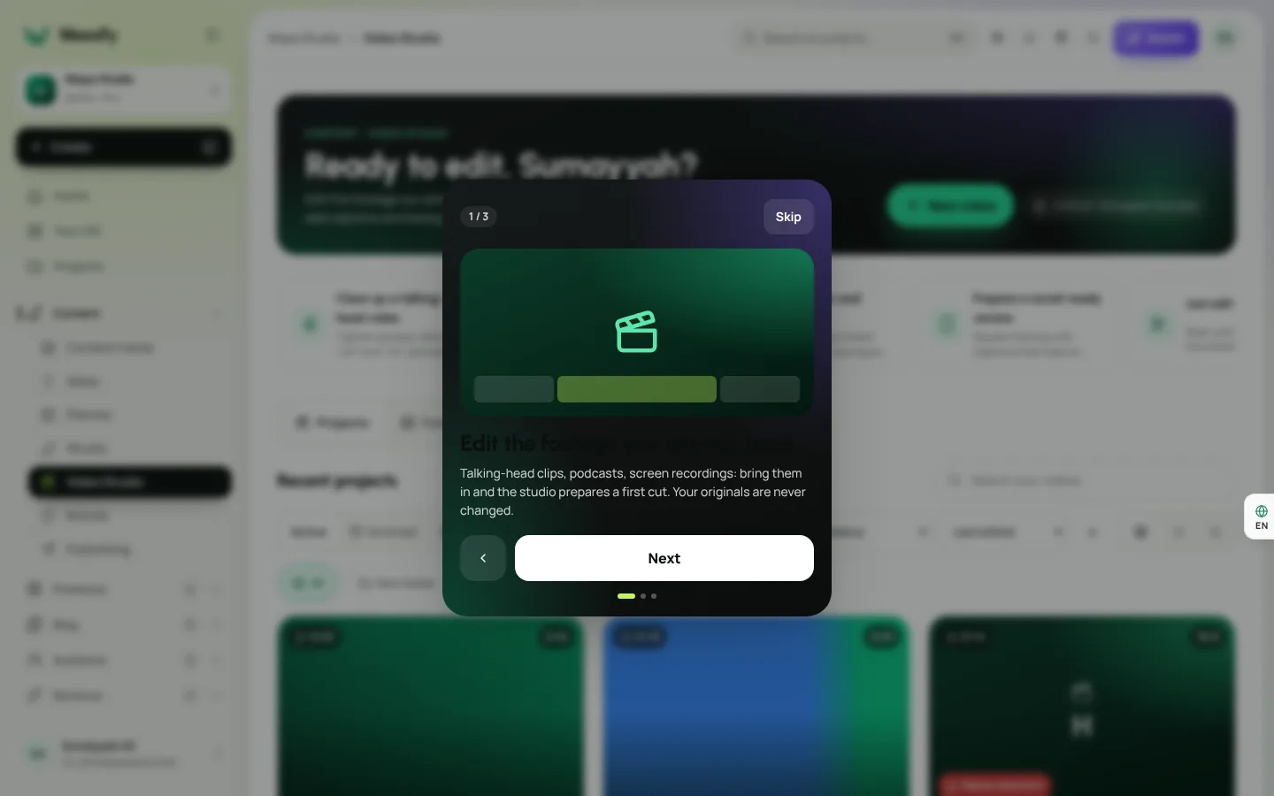 The Video Studio project list with recent projects, a New video button and export minutes