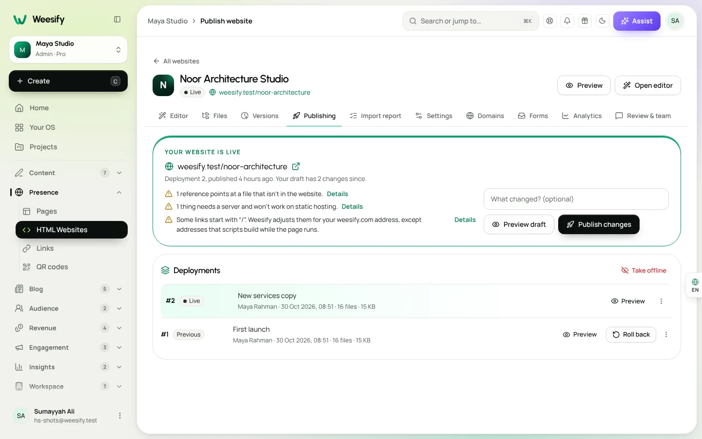 The deployments list in Weesify HTML Websites, where any earlier deployment can be rolled back