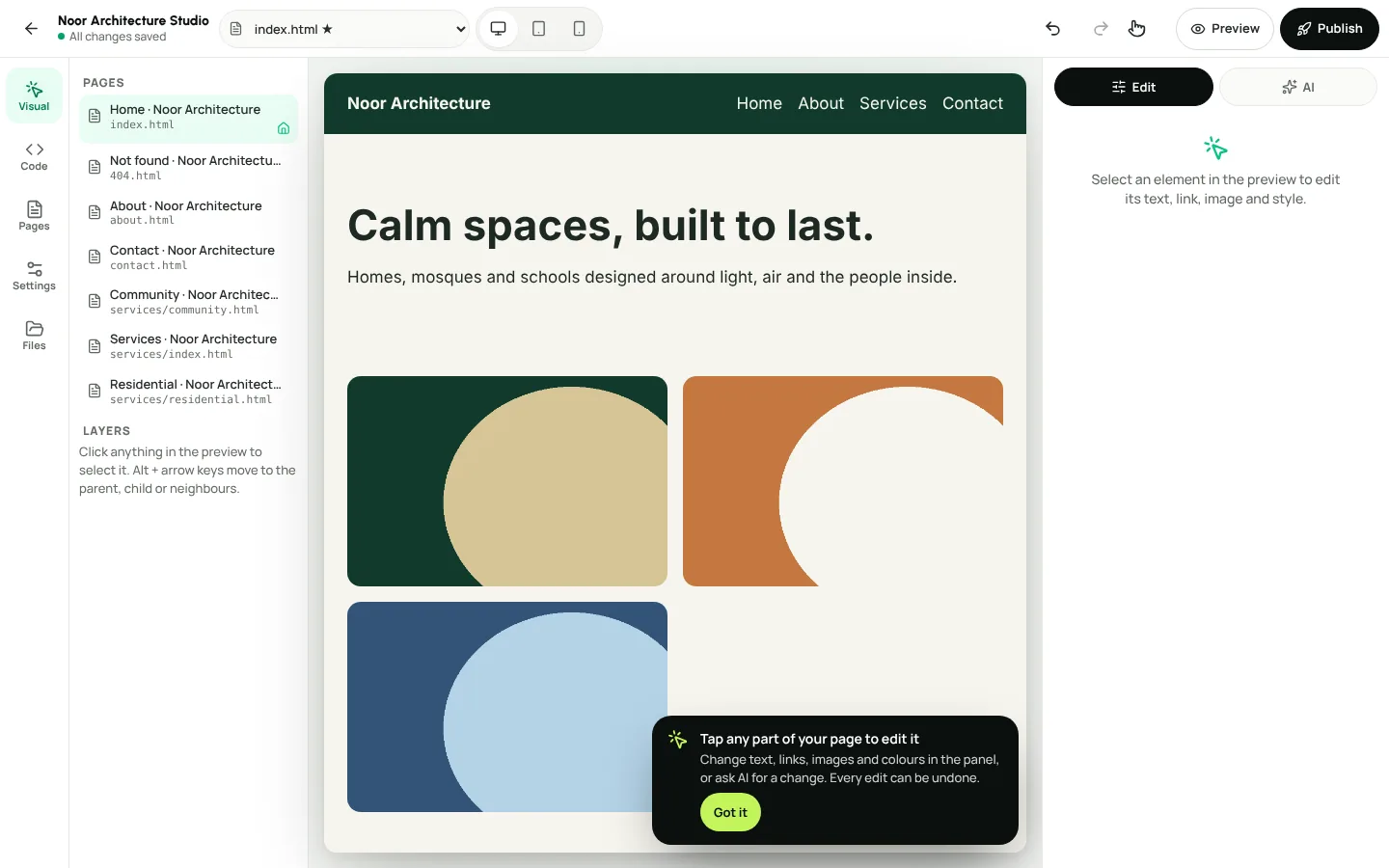 The Weesify website editor with a selected element in the preview and the AI change panel open