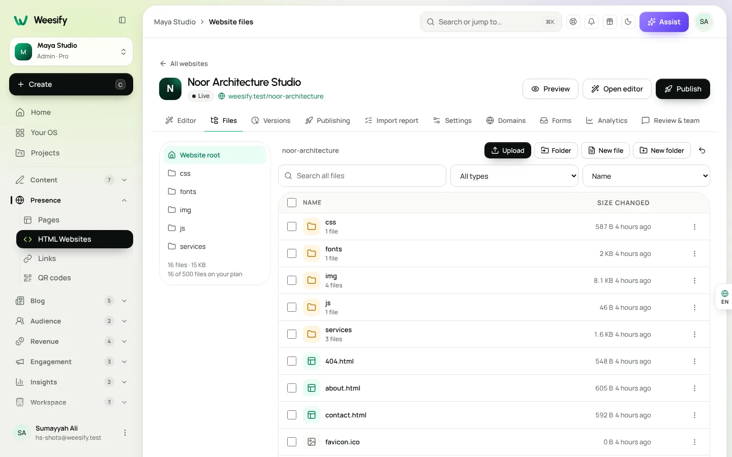 The files screen of a Weesify HTML website, with the file list and code editor