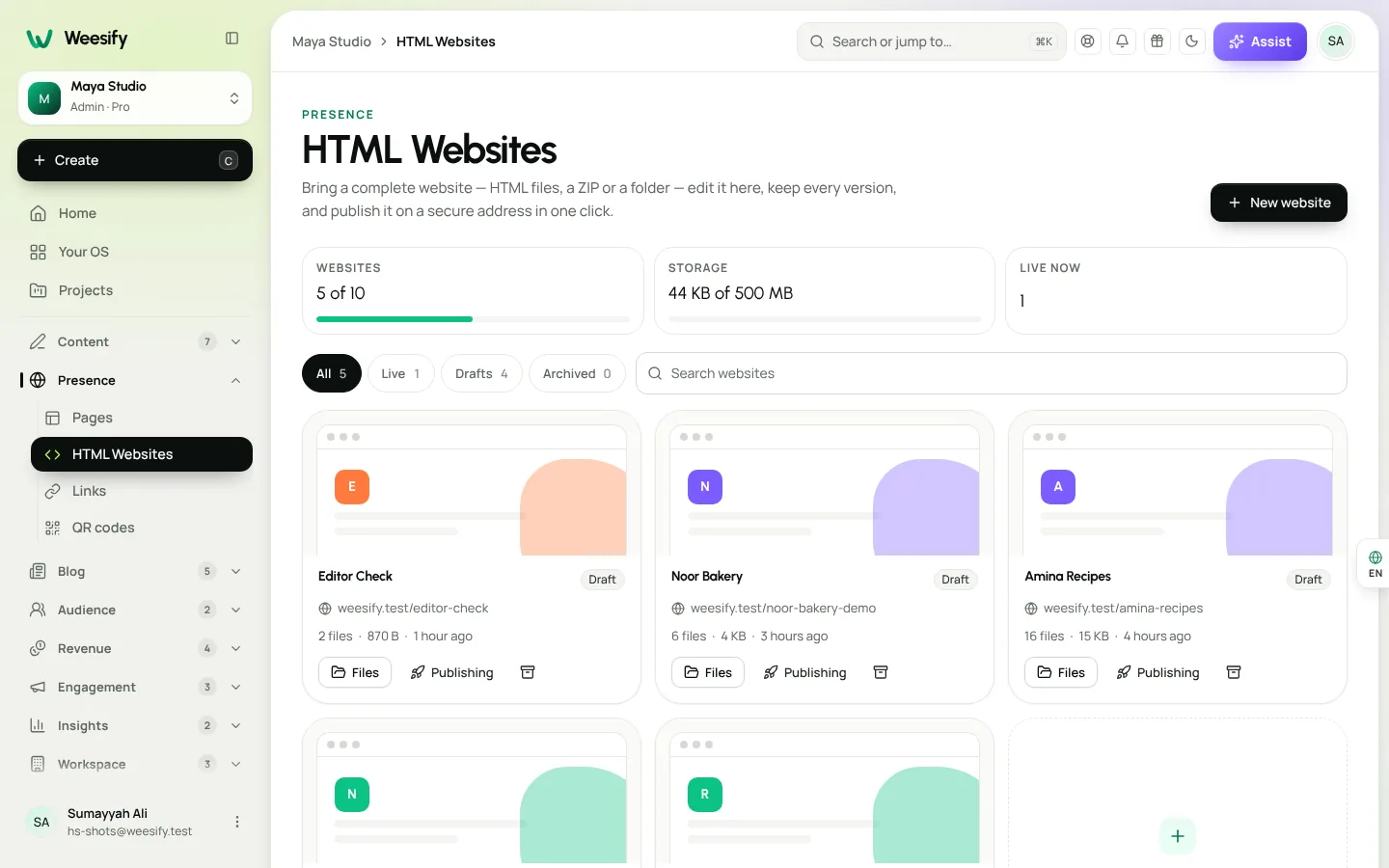 Choosing how to start a new HTML website in Weesify: upload files, a folder or a ZIP, paste HTML, copy a page or start blank