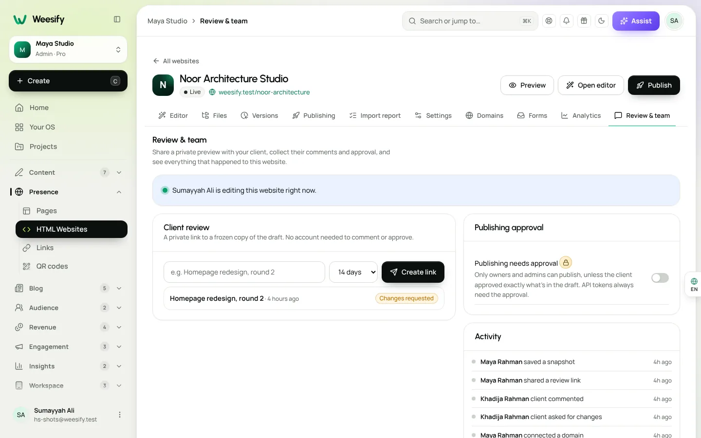 The Review & team screen with a client review link, comments and the approval switch