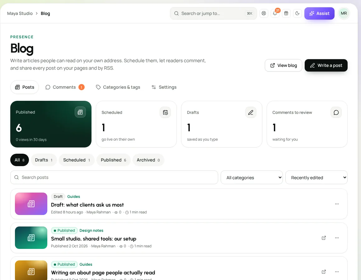 The Blog: published, scheduled and draft posts with comments to review