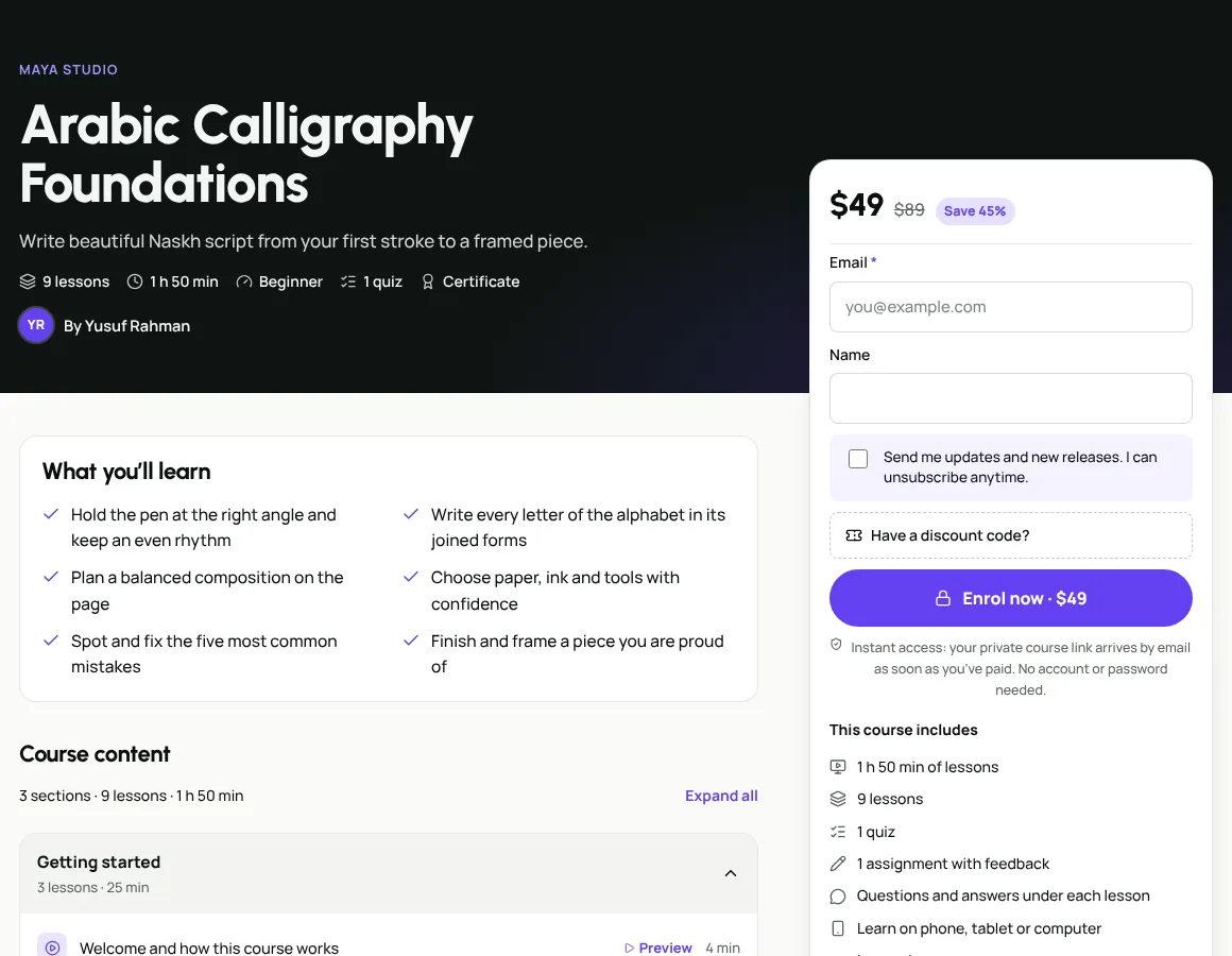 A course page in the Academy experience with the curriculum and the enrol card